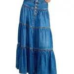 Women's Juniors Denim Long Flare Bottom Tiered Maxi Skirt