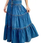 Women's Juniors Denim Long Flare Bottom Tiered Maxi Skirt