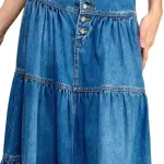 Women's Juniors Denim Long Flare Bottom Tiered Maxi Skirt