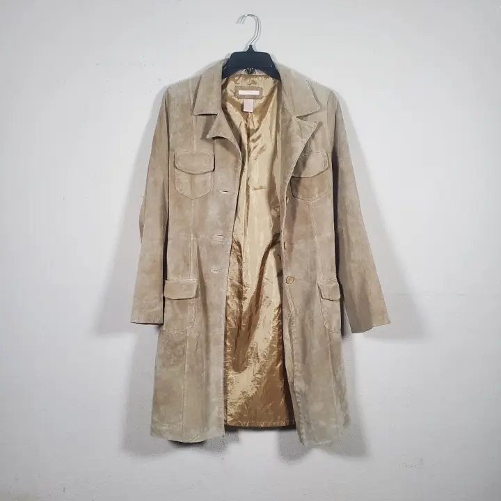 VTG Y2K Forever 21 Suede Leather Trench Jacket Coat Women’s Med Tan Beige Long