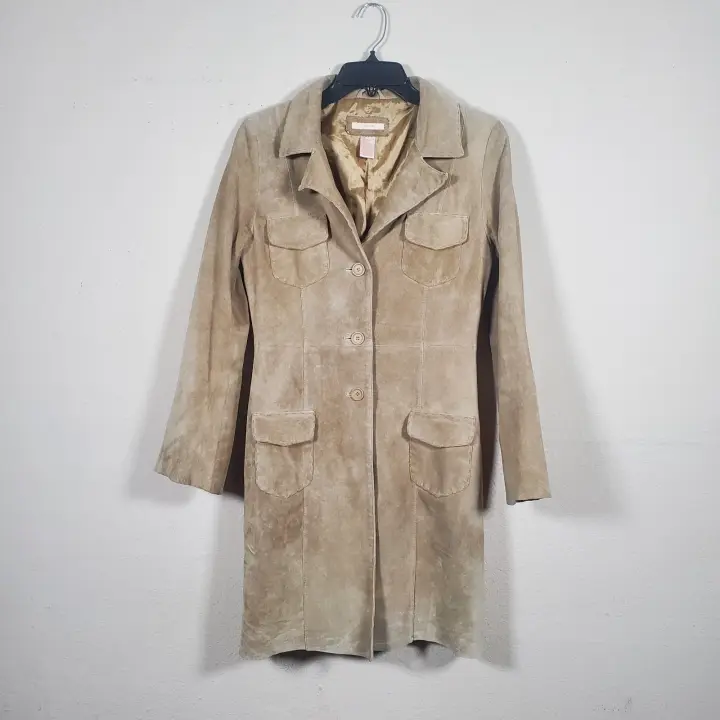 VTG Y2K Forever 21 Suede Leather Trench Jacket Coat Women’s Med Tan Beige Long