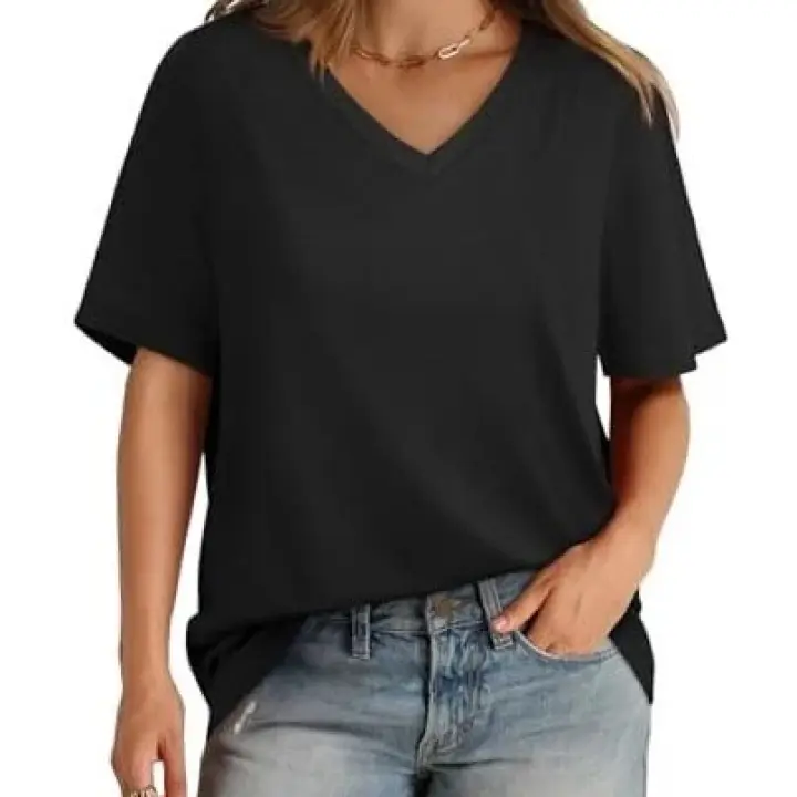 Womens V Neck Short Sleeve T Shirts Summer Tops 2025 Casual Medium All Black