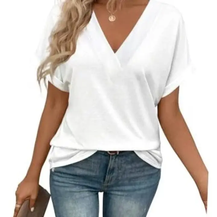 T Shirts Short Sleeve V Neck Tees Womens Tops Beach Vacation XX-Large White