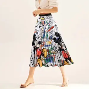 Woman Mickey Mouse Cartoon Pleated Skirt Elastic High Waist Long Dress Midiskirt
