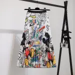 Woman Mickey Mouse Cartoon Pleated Skirt Elastic High Waist Long Dress Midiskirt