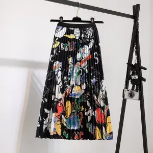 Woman Mickey Mouse Cartoon Pleated Skirt Elastic High Waist Long Dress Midiskirt