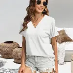 T Shirts Short Sleeve V Neck Tees Womens Tops Beach Vacation XX-Large White