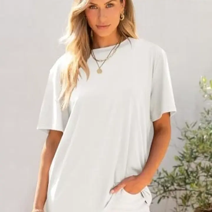 Womens Oversized T Shirts Short Sleeve Crewneck Tops Casual Loose Large White