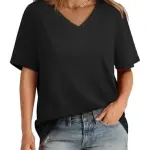 Womens V Neck Short Sleeve T Shirts Summer Tops 2025 Casual Medium All Black