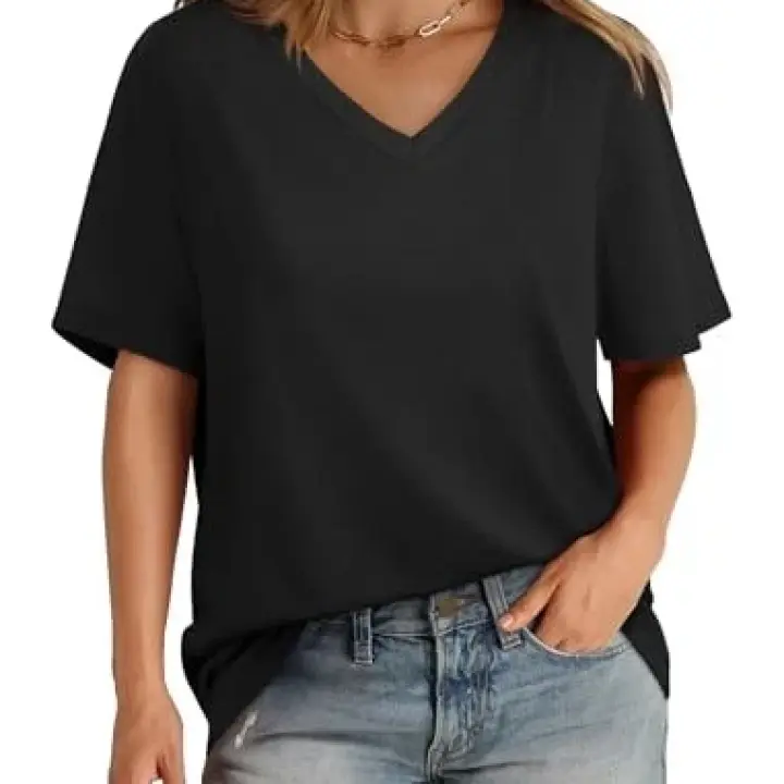 Womens V Neck Short Sleeve T Shirts Summer Tops 2025 Casual Medium All Black