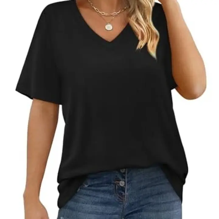 Womens V Neck Short Sleeve T Shirts Summer Tops 2025 Casual Medium All Black