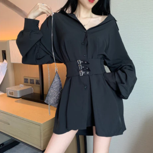 Korean Aesthetic Black Dress With Wide Waist Corset Belt