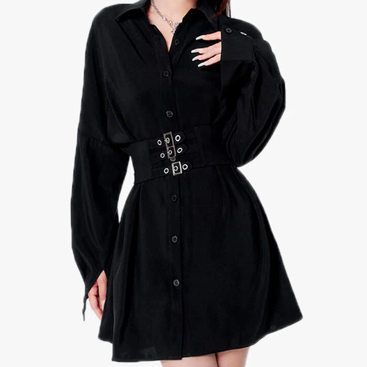 Korean Aesthetic Black Dress With Wide Waist Corset Belt