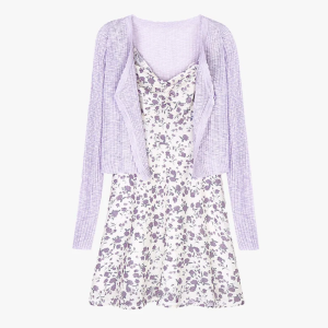 Lilly Purple Floral Soft Girl Dress and Cardigan