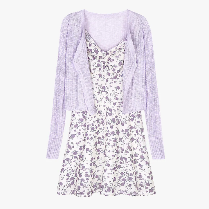 Lilly Purple Floral Soft Girl Dress and Cardigan